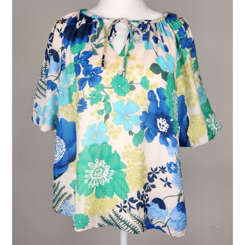 Jade Melody Tam Blouse Women's Small Blue Green Yellow Floral Boho Peasant  Top